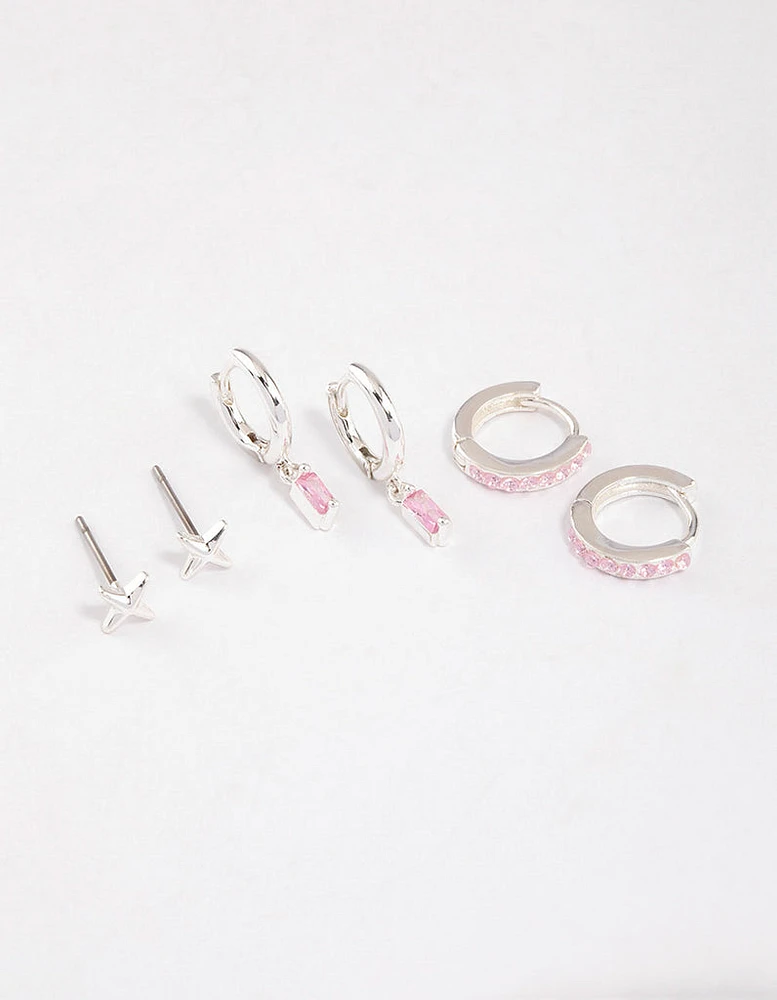 Silver Plated Barbie Baguette Huggie Earrings 6-Pack