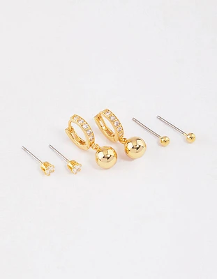 Gold Plated Cubic Zirconia Huggie Ball Earrings 6-Pack