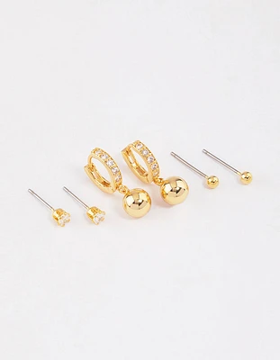 Gold Plated Brass Cubic Zirconia Huggie Ball Earrings 6-Pack