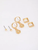 Gold Plated Brass Cubic Zirconia Hexagon & Square Earrings 6-Pack