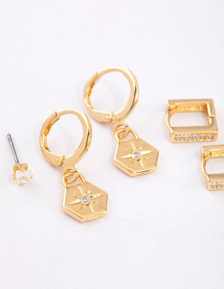 Gold Plated Brass Cubic Zirconia Hexagon & Square Earrings 6-Pack