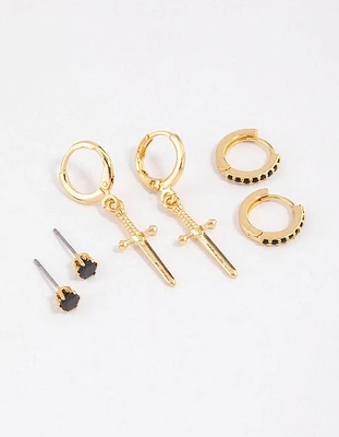 Gold Plated Brass Cubic Zirconia Dagger Huggie Earrings Pack