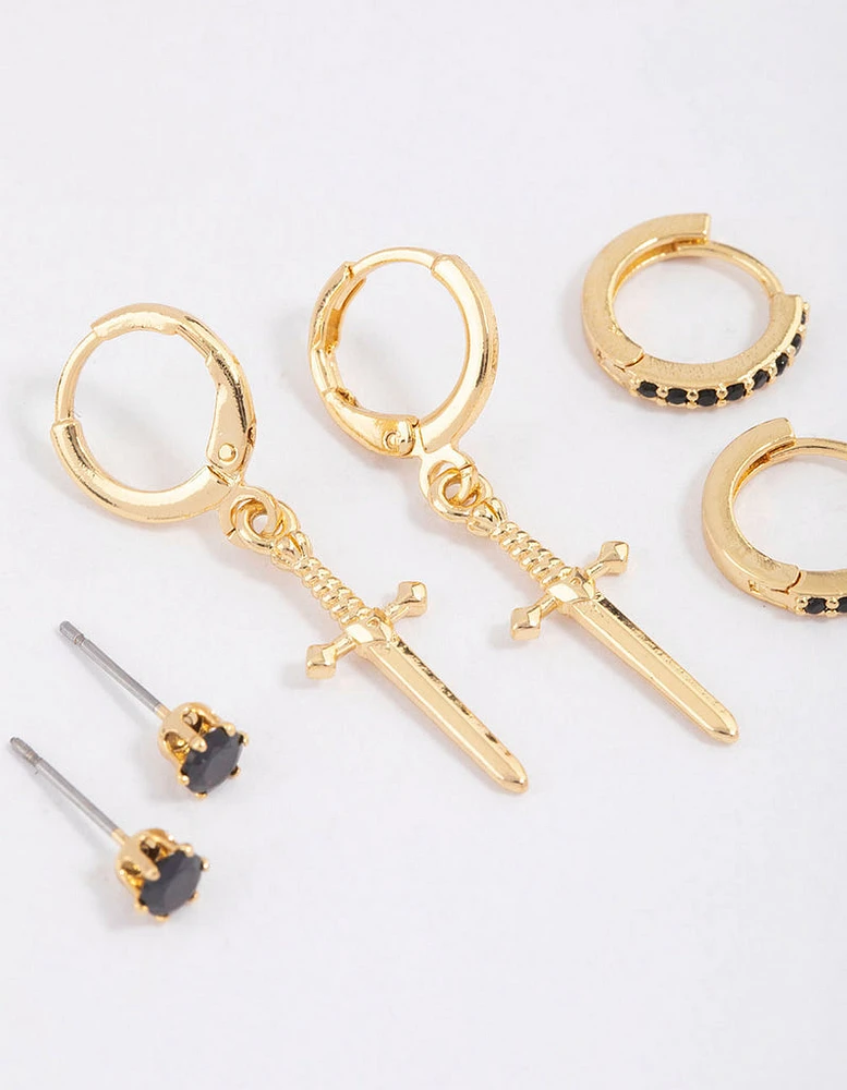 Gold Plated Cubic Zirconia Dagger Huggie Earrings Pack