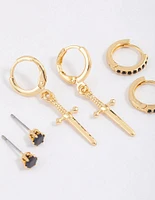 Gold Plated Cubic Zirconia Dagger Huggie Earrings Pack
