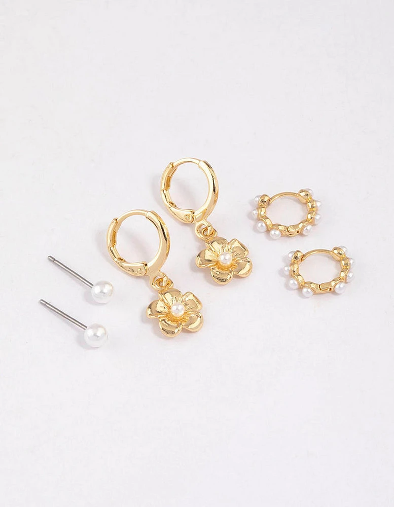 Gold Plated Pearl Drop Flower Earrings 6-Pack