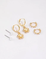 Gold Plated Brass Pearl Drop Flower Earrings 6-Pack