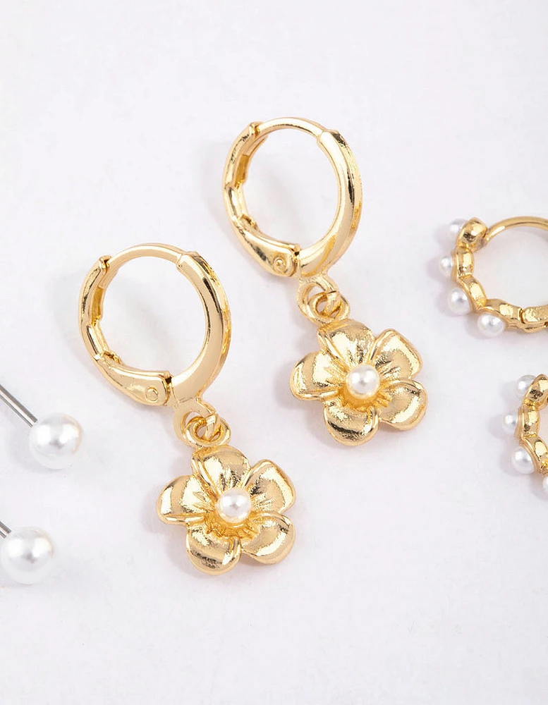 Gold Plated Pearl Drop Flower Earrings 6-Pack