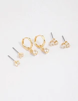 Gold Plated Brass Cubic Zirconia Trio Stud Earrings 6-Pack