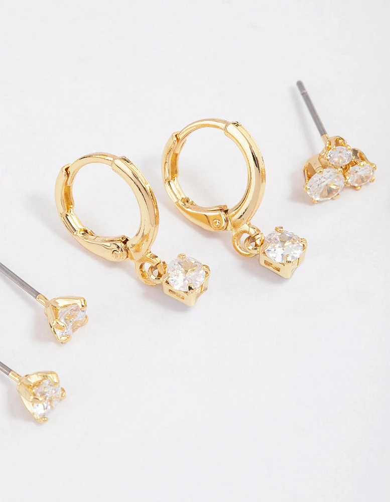 Gold Plated Brass Cubic Zirconia Trio Stud Earrings 6-Pack