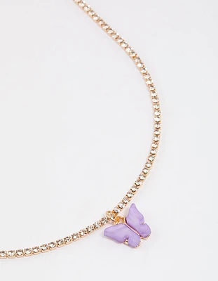 Purple Diamante Cup Chain Butterfly Necklace