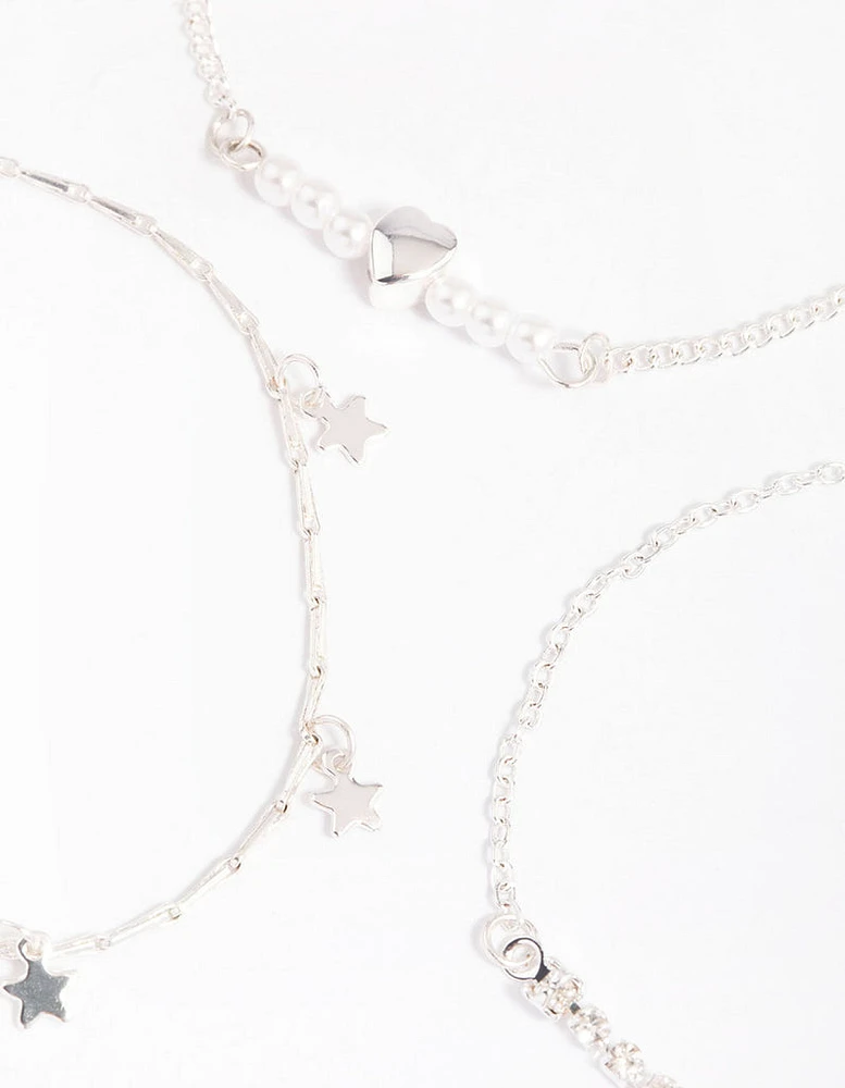 Silver Star & Heart Dainty Chain Bracelet Pack