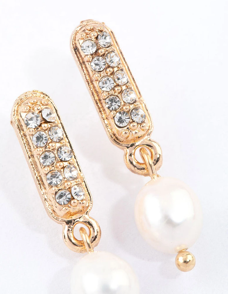 Gold Diamante Mini Pearl Drop Earrings & Polishing Set