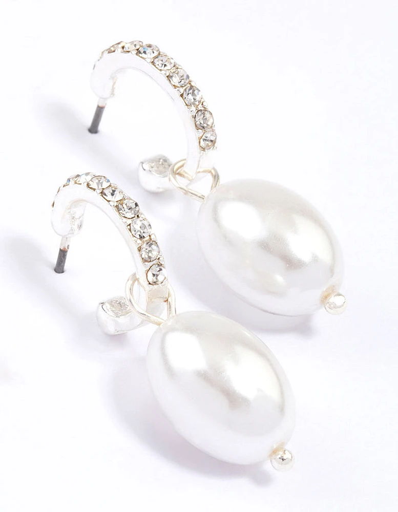 Silver Diamante Pearl Drop Huggie Earrings & Polishing Set