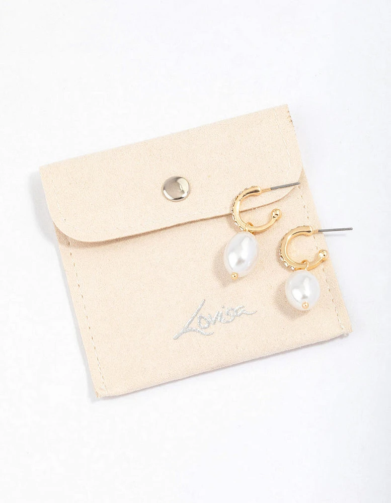 Gold Diamante Pearl Drop Huggie Earrings & Polishing Set