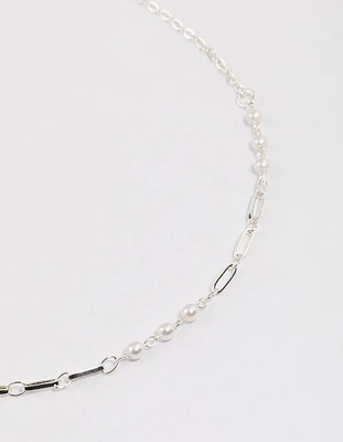 Silver Pearl & Rectangle Link Chain Necklace & Polishing Set