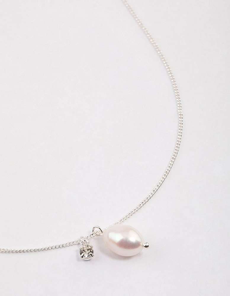 Silver Freshwater Pearl Diamante Drop Necklace & Polishing Set