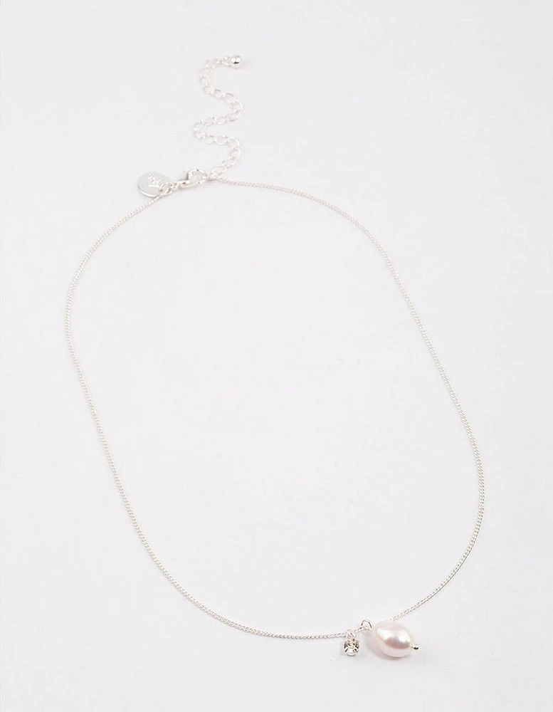 Silver Freshwater Pearl Diamante Drop Necklace & Polishing Set