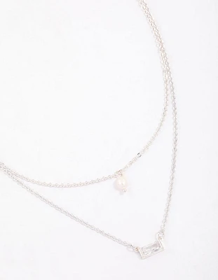 Silver Baguette Pearl Layered Necklace & Polishing Set