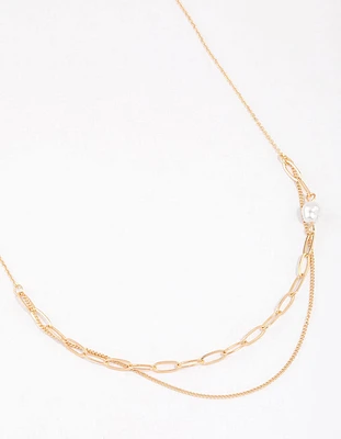 Gold Double Row Pearl Chain Necklace & Polishing Set