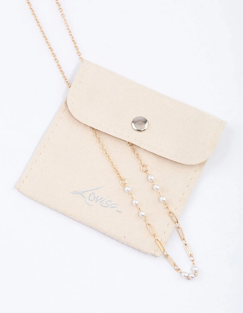 Gold Pearl Rectangle Link Chain Necklace & Polishing Set