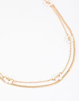 Gold Layered Chain Pearly Flower Necklace