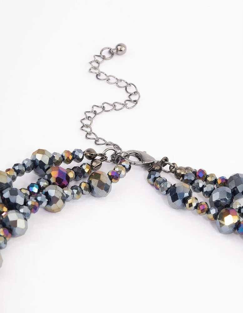 Gunmetal Triple Row Beaded & Facet Layered Necklace