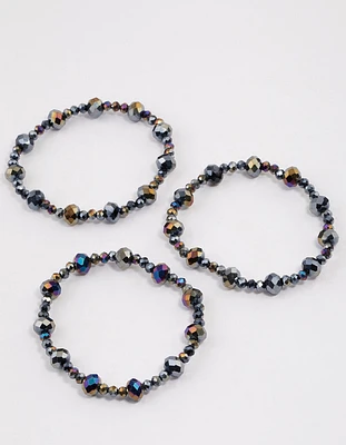 Gunmetal Triple Row Beaded & Facet Bracelet Pack