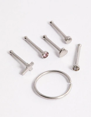 Surgical Steel Heart & Cross Nose Stud 6-Pack