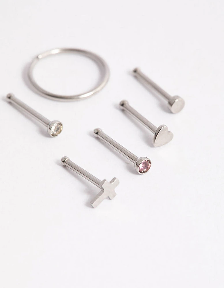 Surgical Steel Heart & Cross Nose Stud 6-Pack