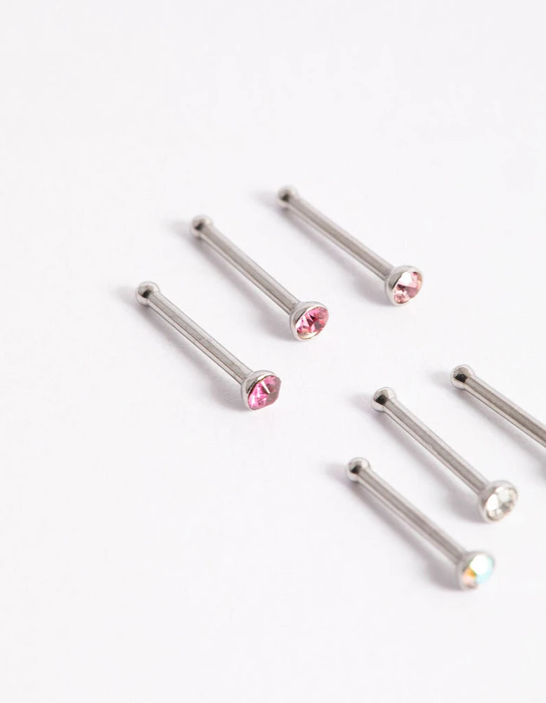 Surgical Steel Multi Cubic Zirconia Clear Nose Stud 6-Pack