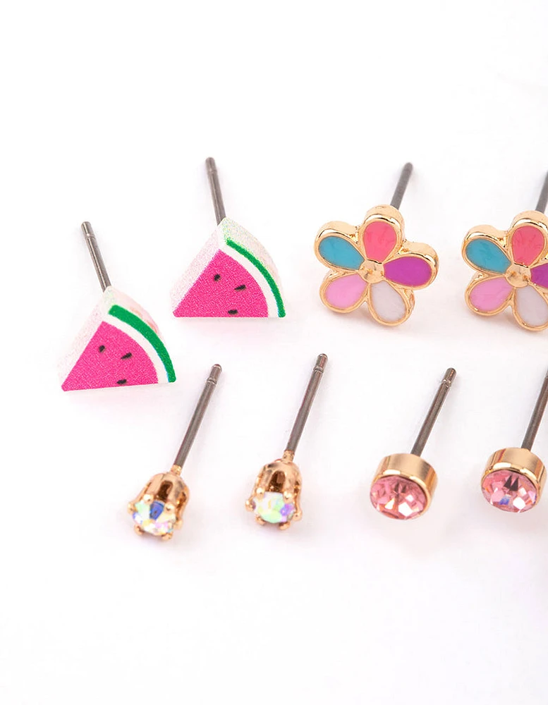 Kids Pink Watermelon & Flower Stud Earrings 6-Pack