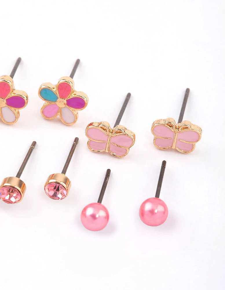 Kids Pink Watermelon & Flower Stud Earrings 6-Pack