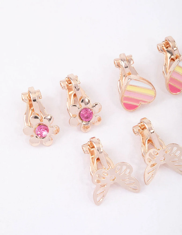 Kids Pink Butterfly & Heart Clip On Earrings 6-Pack