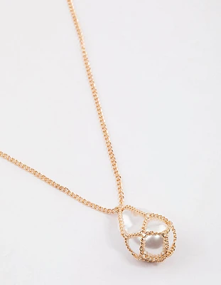 Gold Chain Caged Pearl Pendant Necklace