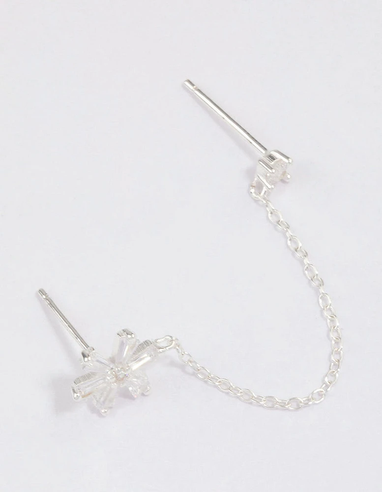 Sterling Silver Baguette Flower Chain Stud Earrings