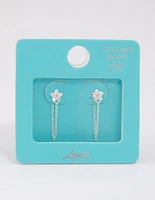 Sterling Silver Flower Stud Chain Earrings