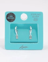 Sterling Silver Cubic Zirconia Baguette Drop Huggie Earrings
