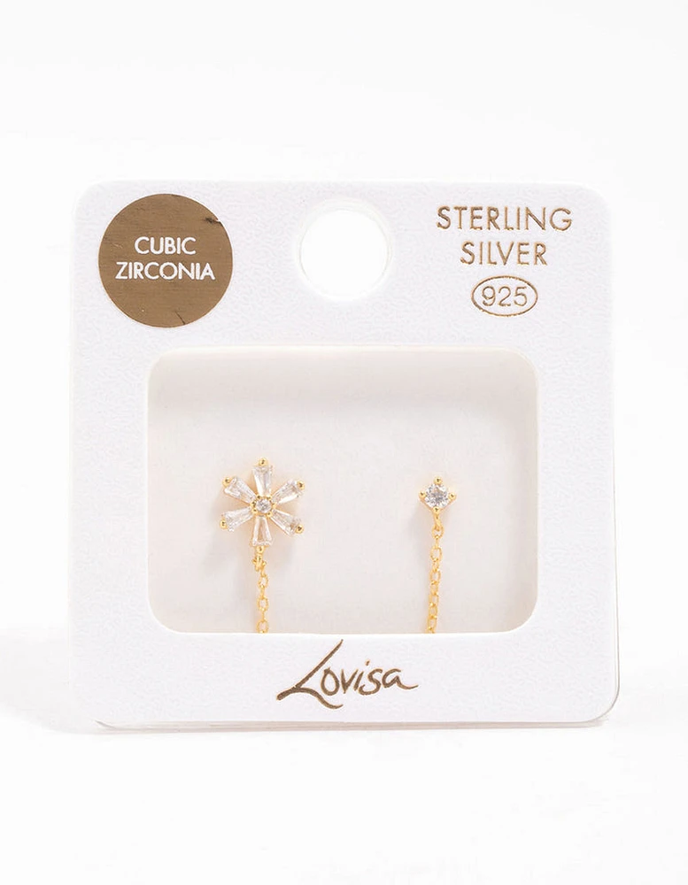 Gold Plated Sterling Silver Flower Chain Stud Earrings