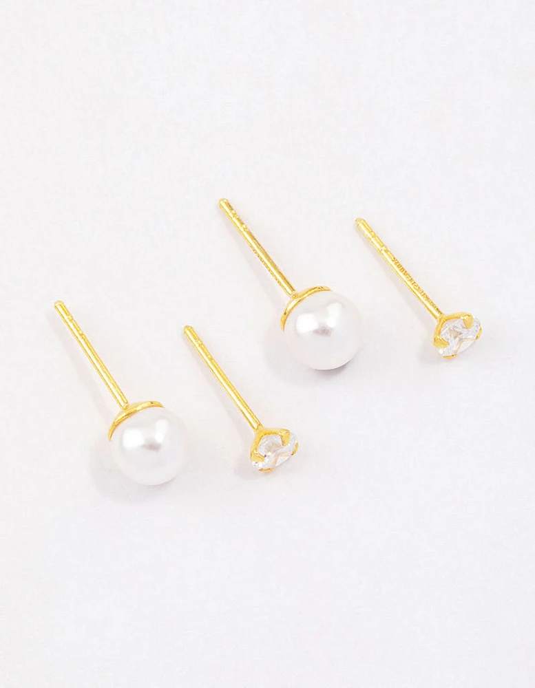 Gold Plated Sterling Silver Pearl & Cubic Zirconia Stud Earring Pack