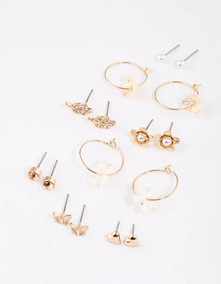 Gold Floral & Pearl Dainty Earrings 8-Pack