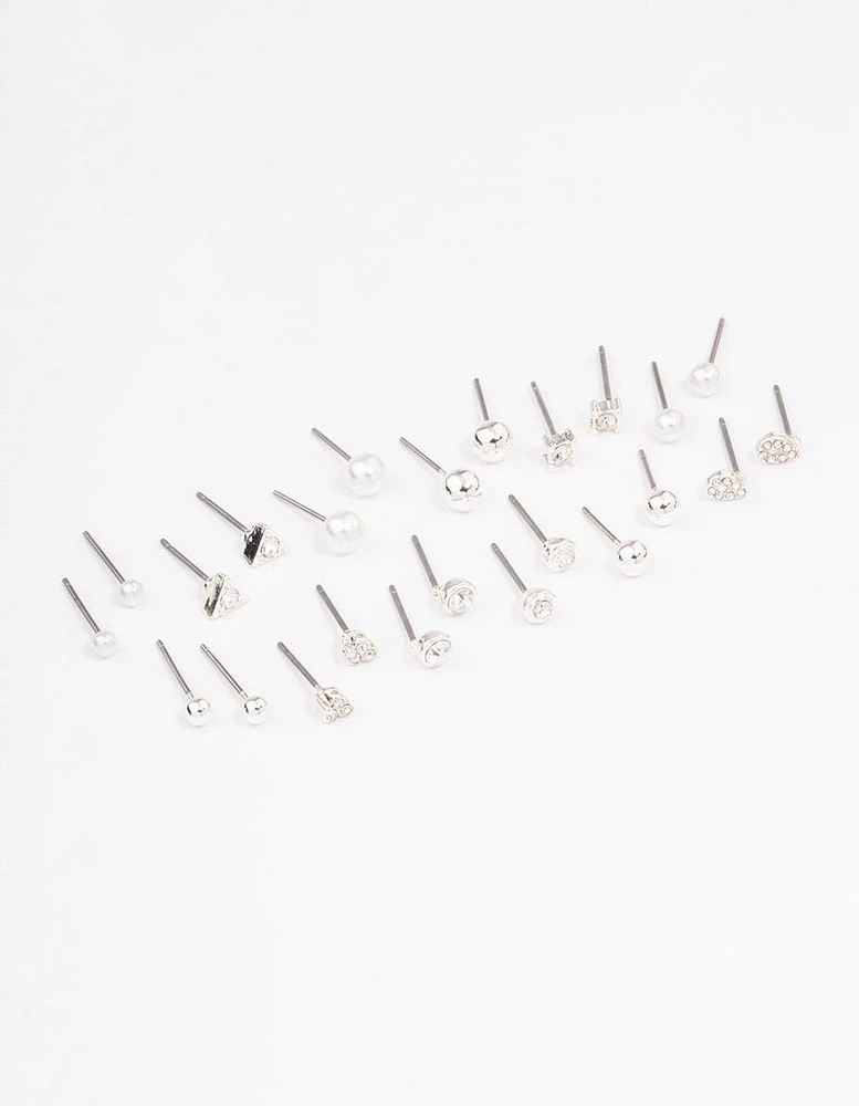 Silver Classic Pearl & Stone Earring 12-Pack