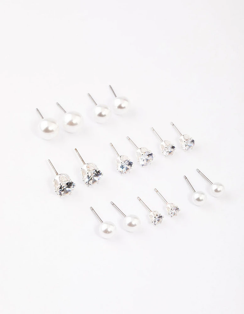 Silver Graduating Diamante & Pearl Earrings 8-Pack