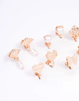 Rose Gold Mixed Fan & Pearl Drop Earrings 5-Pack