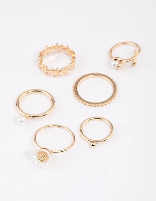 Gold Pearl Flower Ring 6-Pack