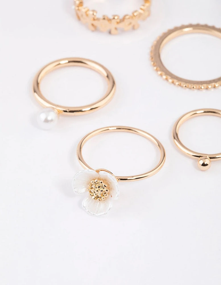 Gold Pearl Flower Ring 6-Pack