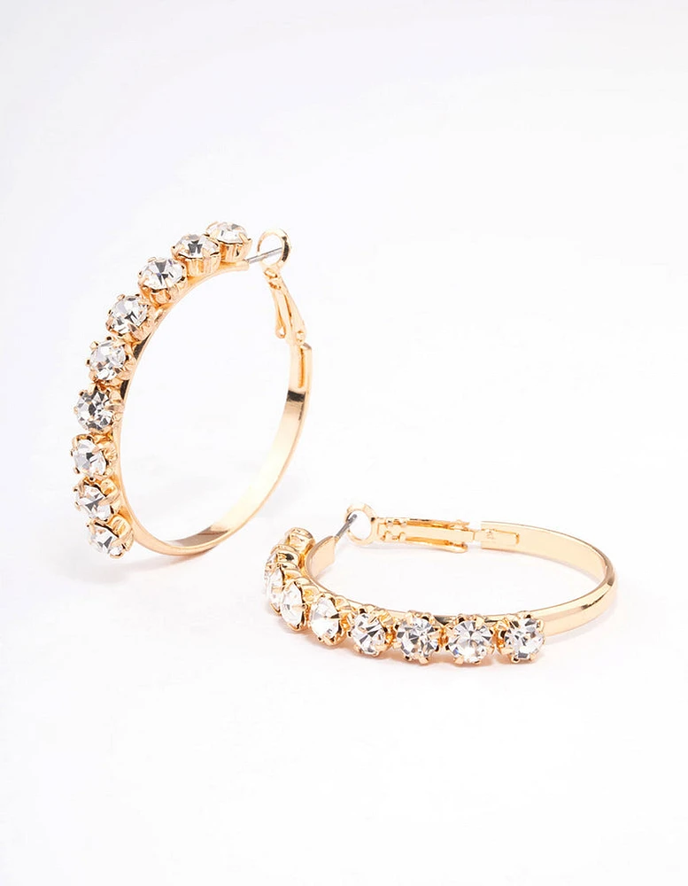 Gold Round Diamante Medium Hoop Earrings