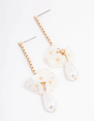 Gold Cupchain Flower Pearl Drop Earrings