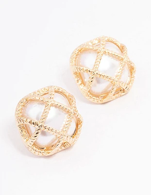 Gold Caged Pearl Stud Earrings