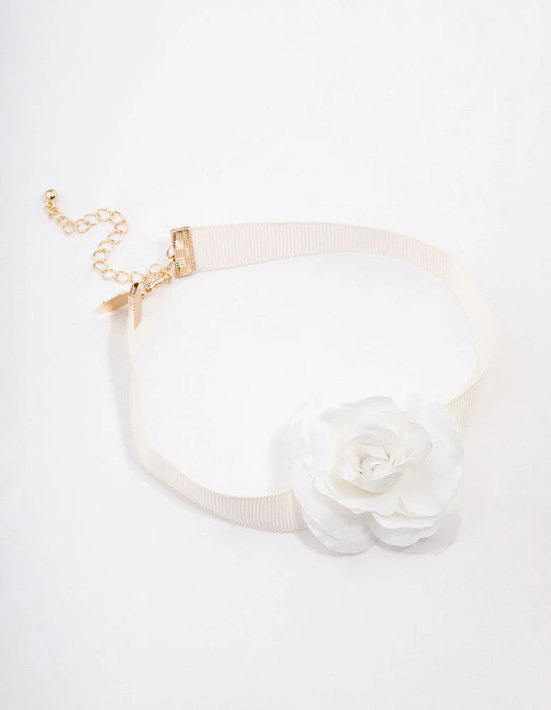 White Pearl Rose Wide Ribbon Choker