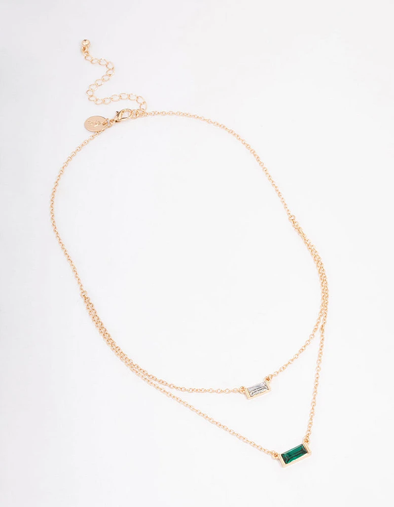 Gold Baguette Stone Double Short Necklace